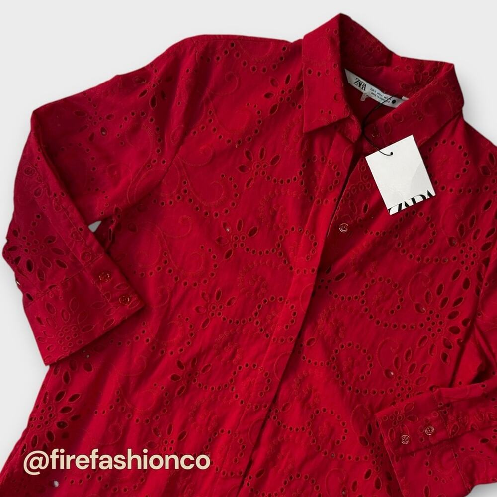 ZARA NEW Boho Hippie Western Eyelet Red Cotton Blouse Button-Up Small - Picture 3 of 10